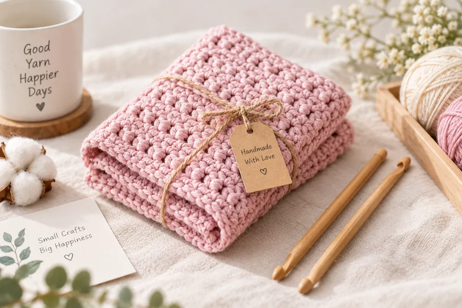 Pink crochet blanket with bamboo hooks