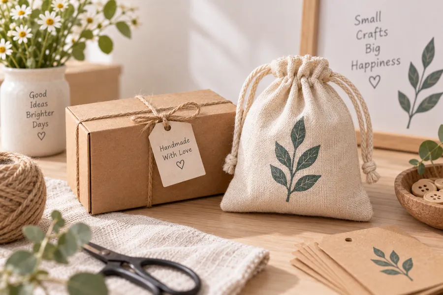 Kraft box, drawstring bag and hang tags