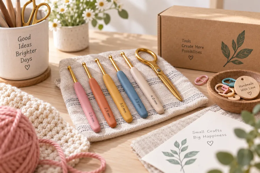 Crochet hooks and scissors