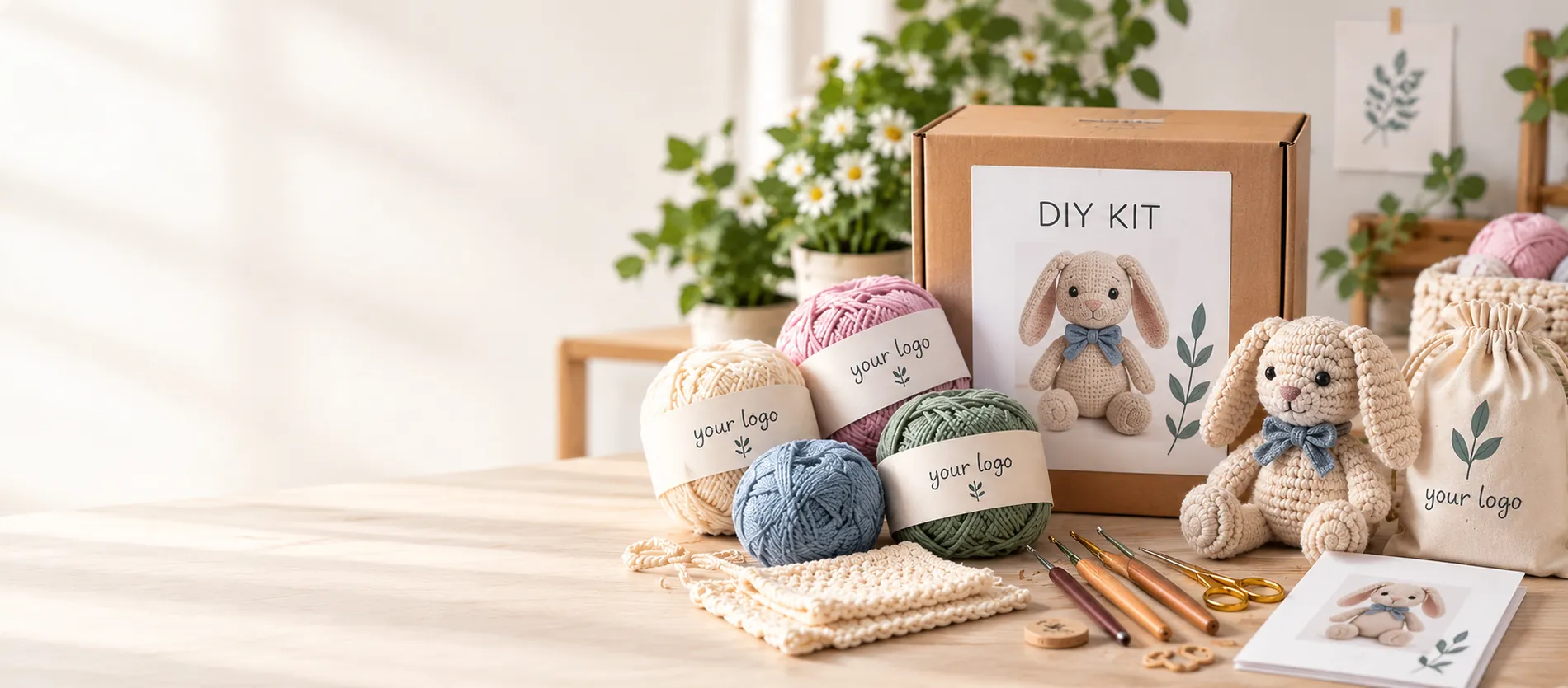 Custom crochet DIY kit with branded yarn, bunny toy, tools and kraft box