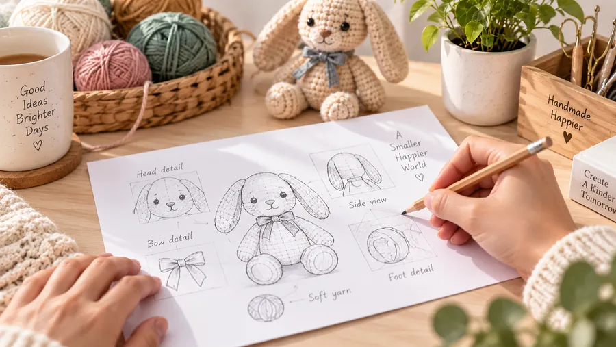 Designer sketching a crochet bunny for a new product line